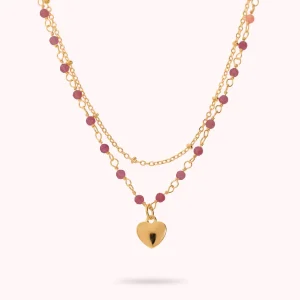Collana Rosario Golden Multifilo con Ciondolo Cuore e Pietre Naturali di Quarzite