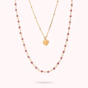 Collana Rosario Lunga Golden con Ciondolo Cuore e Pietre Naturali di Quarzite