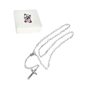 Collana Lunga Rosario in Scatolina con Orsetto Cuore Rosa
