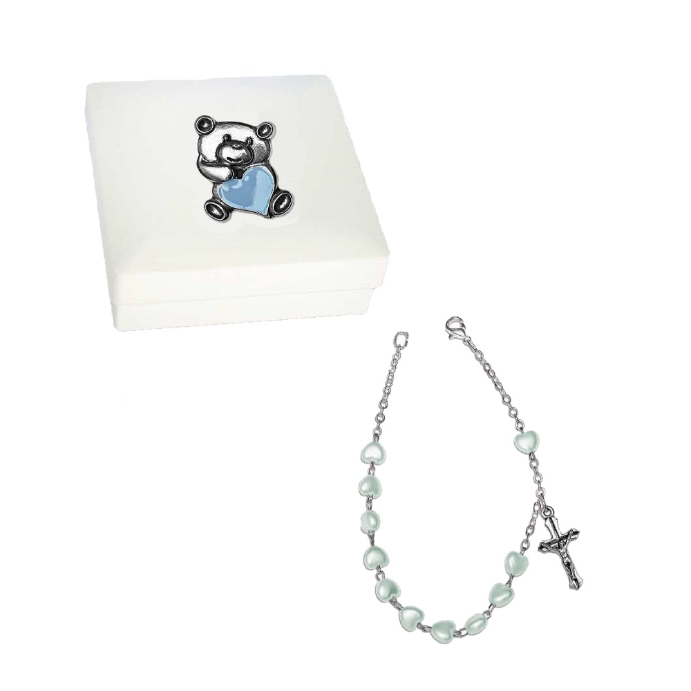 Bracciale Rosario Cuori Azzurri in Scatolina con Orsetto Cuore Azzurro