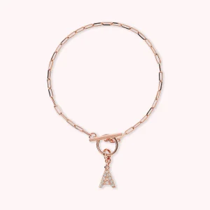 Bracciale Catena Forzatina con Pendente Lettera Pavé in Cubic Zirconia